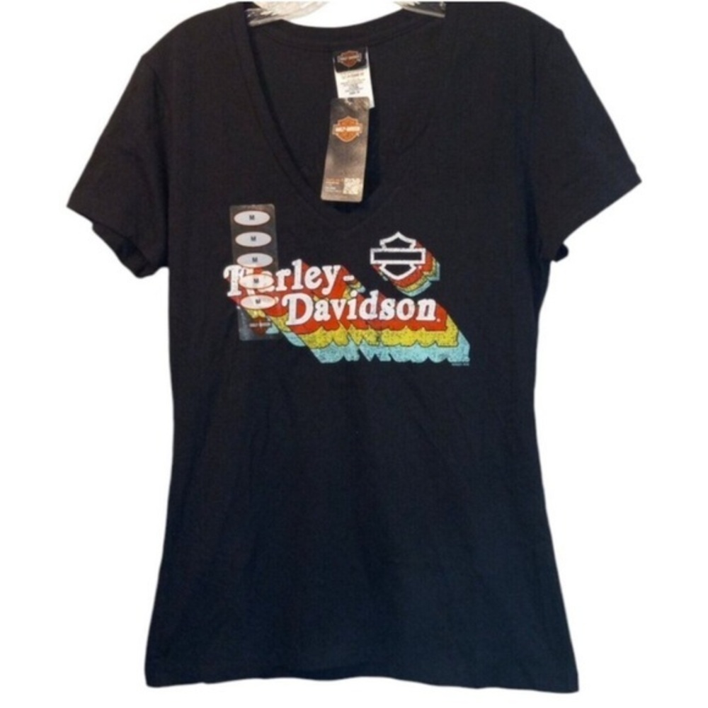 New! Harley Davidson Women's Short Sleeve T-Shirt Black V-Neck Size M